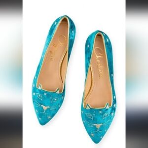 Charlotte Olympia Mid-Century Kitty Velvet Pointy Flat, Teal, Turquoise, US 11